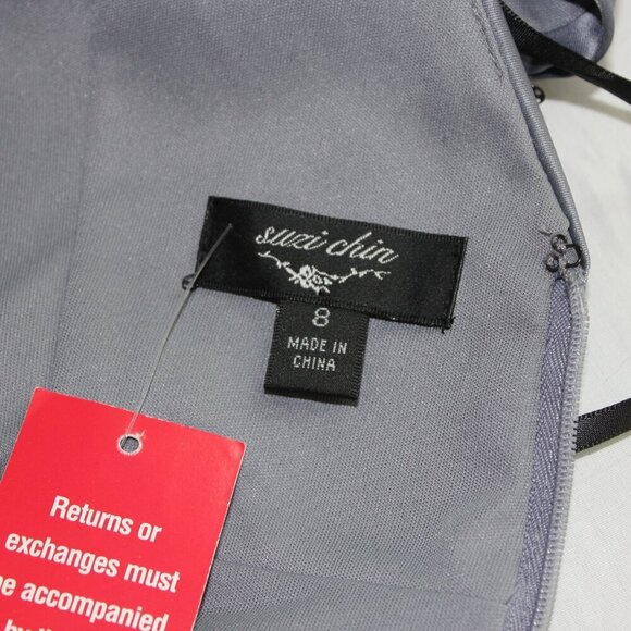 Suzi Chin Womens Silver Satin Stretch V Neck Ruched Waist Dress Size 8 NWT - Picture 3 of 9